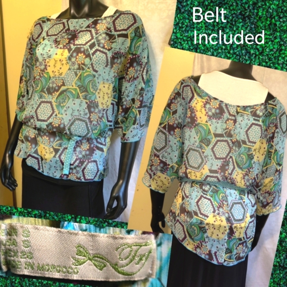 🗺️ Boho Printed Peasant Shirt Blouse w/ Braided Belt included Semi-Sheer, Small
